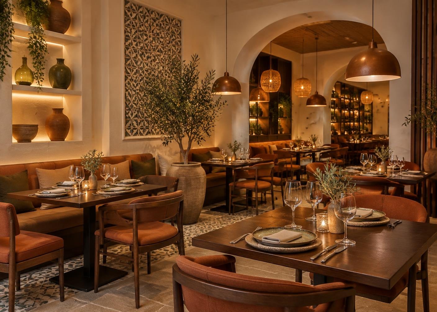 Ambiente acolhedor de restaurante com mesas preparadas
