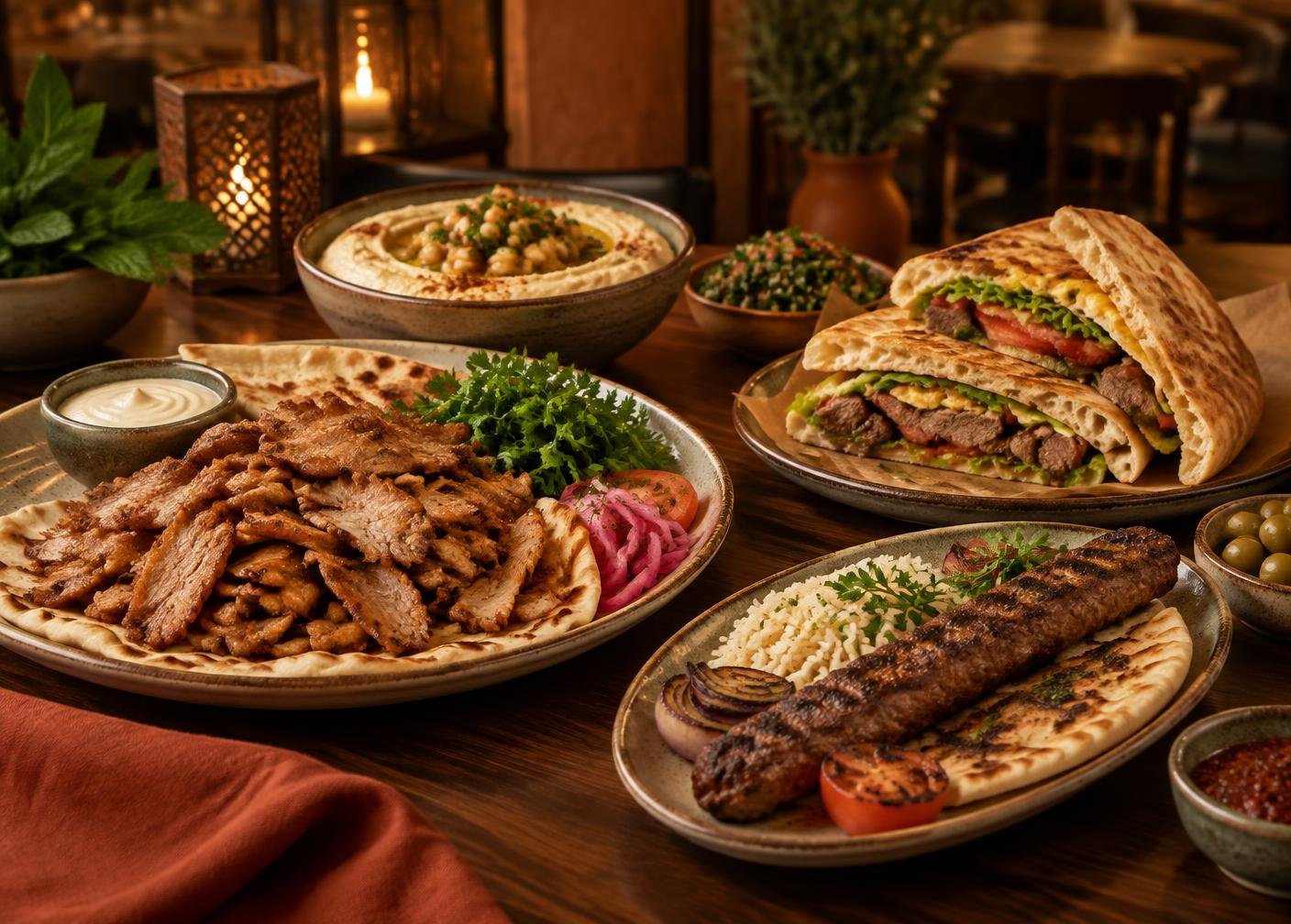 Shawarma, kebab, beirute, pastas e acompanhamentos